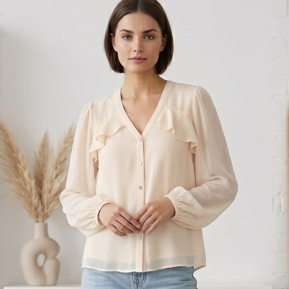 Calvin Klein Blouse Womens Large Cream Ruffle‎ V Neck Bishop Sleeve Chiffon Top